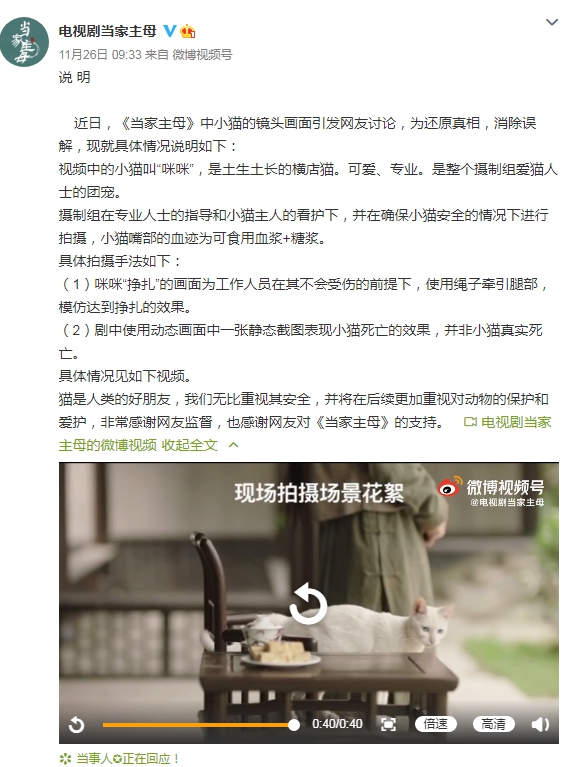 《当家主母》陷虐猫罗生门 没有动物受伤成奢求？